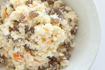 Japanese food, tofu refuse and konnyaku yam jelly simmered with carrot