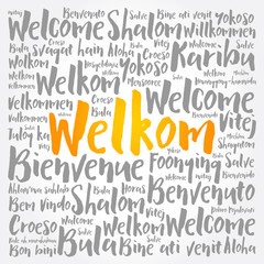 Welkom (Welcome in Afrikaans) word cloud in different languages