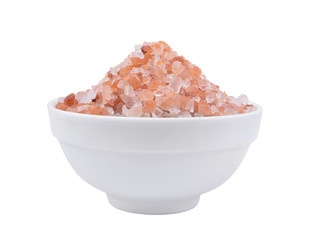 Fototapeta na wymiar Himalayan pink rock salt in bowl isolated on white background