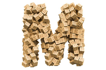 Letter M from wooden boxes. 3D rendering