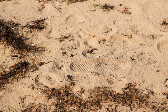 An image of shoe prints left in the sand alongside some seaweed
