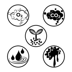 Simple black and white set with nature elements. Five round flat vector signs with oxygen, carbon dioxide, sprout, water and mud