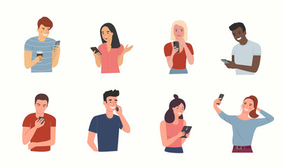 Different young people look into the smartphones. Big set.Vector flat cartoon style  illustration