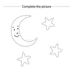 Complete the picture of stars and  moon. Coloring page.