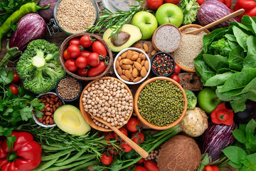 Healthy balanced vegetarian diet, Vegetables, fruits, cereals containing protein top view. Assortment in abundance.