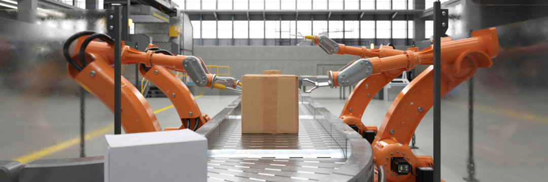 Roboter am Fließband in Fabrik verpacken Pakete