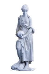 Antique statue of a woman with a jug on a white isolated background.