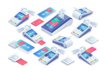 Contactless payments isometric set. 3d Cashless payment machine, smartphone, credit card, smart terminal with online cash desk, EMV chip card square reader. Mobile NFC payments vector collection