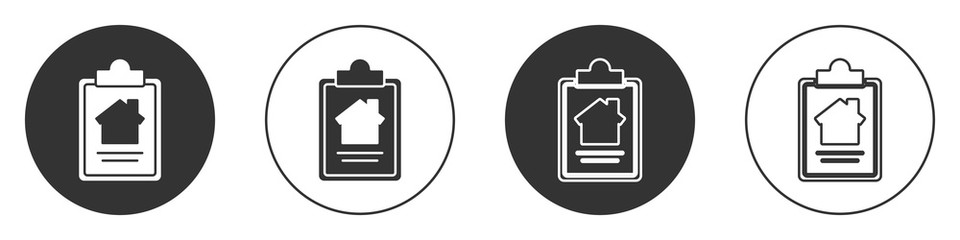 Black House contract icon isolated on white background. Contract creation service, document formation, application form composition. Circle button. Vector Illustration.