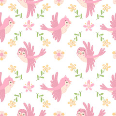 Seamless pattern with pink birds and flowers.