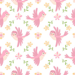 Seamless pattern with pink birds and flowers.