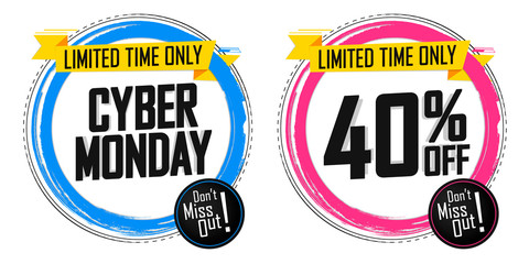 Cyber Monday Sale, 40% off, banners design template, discount tags, season offers, vector illustration