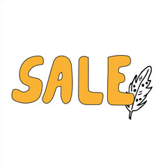 Hand written lettering Sale in yellow color with feather on white background