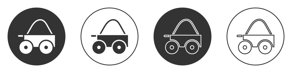 Black Wooden four-wheel cart with hay icon isolated on white background. Circle button. Vector.