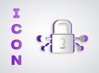 Paper cut Cyber security icon isolated on grey background. Closed padlock on digital circuit board. Safety concept. Digital data protection. Paper art style. Vector.