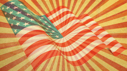 illustration of United States flag on retro sunburst background
