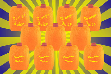 orange juice square packaging on a retro sunbrust background 