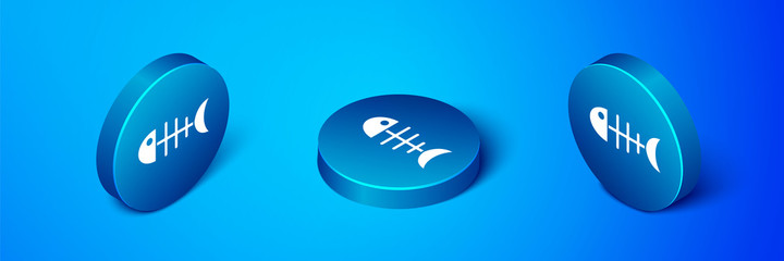 Isometric Fish skeleton icon isolated on blue background. Fish bone sign. Blue circle button. Vector.