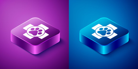 Isometric Veterinary clinic symbol icon isolated on blue and purple background. Cross hospital sign. A stylized paw print dog or cat. Pet First Aid sign. Square button. Vector.