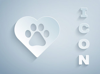 Paper cut Heart with animals footprint icon isolated on grey background. Pet paw in heart. Love to the animals. Paper art style. Vector.