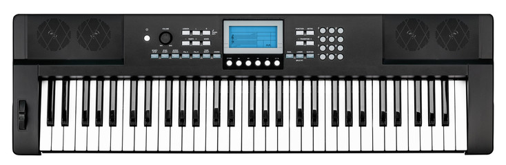 modern black piano keyboard electronic synthesizer party band studio music instrument with blue dispay screen isolated white background - Powered by Adobe