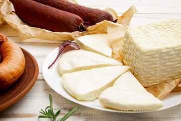 Homemade cottage cheese, cheese. Milk products.