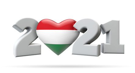New year 2021 with hungary flag heart. 3D Rendering