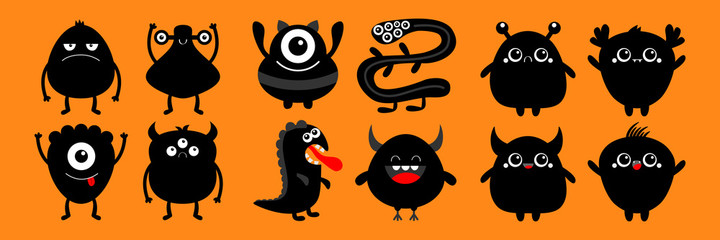 Cute black monster set. Happy Halloween. Cartoon kawaii sad character icon. Eyes, horns, hands up, tongue. Funny baby collection. Orange background. Isolated. Flat design.