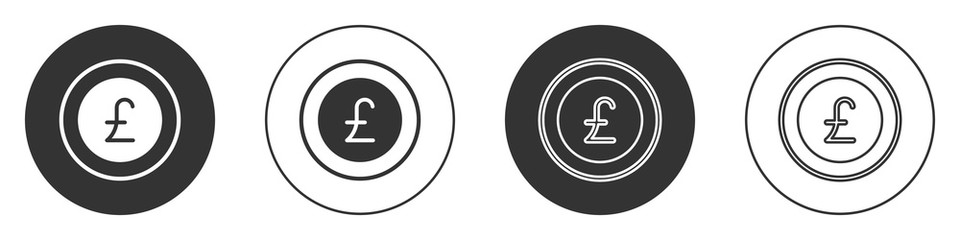 Black Coin money with pound sterling symbol icon isolated on white background. Banking currency sign. Cash symbol. Circle button. Vector.