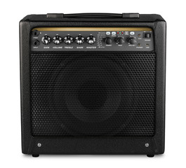 black modern electric guitar amp modelling amplifier isolated white background rock heavy metal...