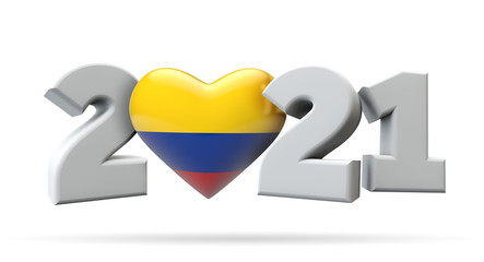 New year 2021 with colombia flag heart. 3D Rendering