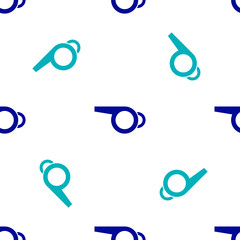 Blue Whistle icon isolated seamless pattern on white background. Referee symbol. Fitness and sport sign. Vector.
