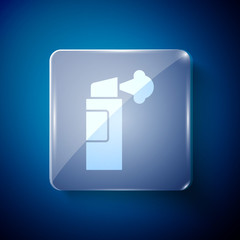 White Pepper spray icon isolated on blue background. OC gas. Capsicum self defense aerosol. Square glass panels. Vector.