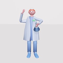 Medical scientist with a medical mask holding a glass test tube with liquid medicine or vaccine for the virus. Illustration in a cute plasticine style, 3D render volumetric view.