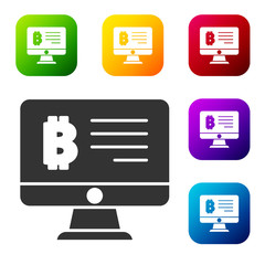 Black Mining bitcoin from monitor icon isolated on white background. Cryptocurrency mining, blockchain technology service. Set icons in color square buttons. Vector.