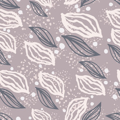 Random leaves outline figures seamless pattern. White and soft purple botanic ornament on light purple background with dots and splashes.
