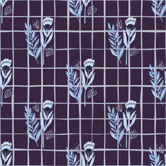 Fototapeta premium Blue tones outline floral ornament with forest elements seamless pattern. Branches and flowers on chequered background.