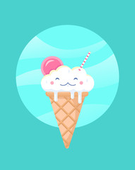 Cute melting ice cream cloud in a waffle cup on blue sky backgound. Kawaii flat style, summer hot roast mood. Vector stock illustraton for web nd print, background and wallpaper.