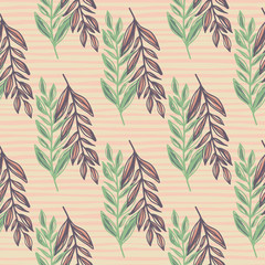 Simple herbal seamless pattern with purple and green branches. Foliage silhouettes on light stripped background.