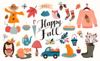 Autumn elements collection with seasonal cute elements and hand lettering, isolated on white