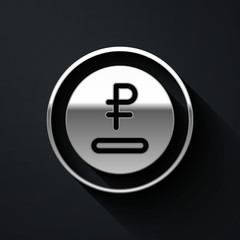 Silver Rouble, ruble currency coin icon isolated on black background. Russian symbol. Long shadow style. Vector.