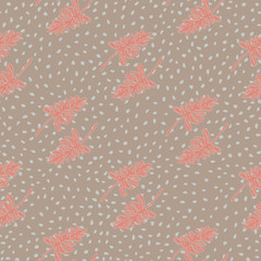 Pale seamless pattern with simple branch figures. Pink little ornament on beige dotted background.