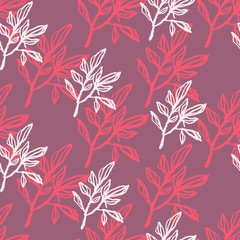 Nature print with branches seamless pattern. Pink and white contoured ornament on pale lilac background.