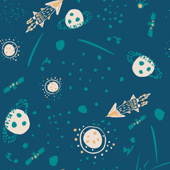 Seamless hand drawn pattern with planets, rockets and satellites. Turquoise bright background. Cosmic style.