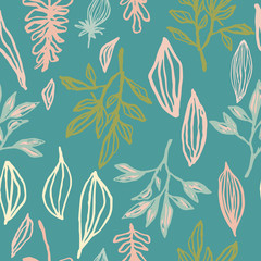 Forest outline leaves and branches silhouettes seamless pattern. Turquoise background. Floral backdrop.