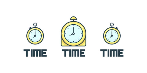 Two timer icons, one clock and phrase time on white background. Design elements. Infographic illustration.