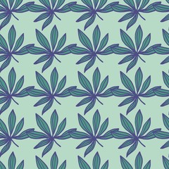 Fototapeta na wymiar Geometric seamless drug sheet pattern. Cannabis leafs in green and blue colors with light pastel background.