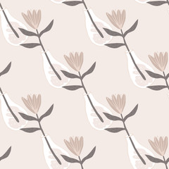 Pastel pale flowers in a vase seamless pattern. Light background and botanic elements in lilac tones.