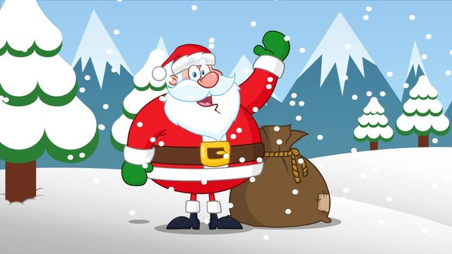 Santa Claus Cartoon Character Waving. 4K Animation Video Motion Graphics With Snow Background