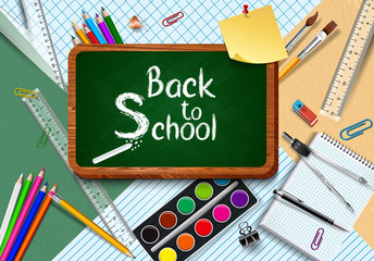 card or banner on "back to school in white and yellow" written in a green rectangle with a brown edge and school supplies in the background pencil, paint, paperclip, pen